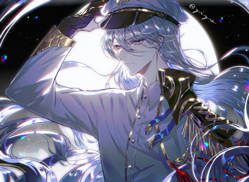 1boy absurdres bishounen for_all_time grey_hair hat highres lens_flare long_hair looking_at_viewer male_focus military military_hat military_uniform solo uniform very_long_hair violet_eyes white_hair yexuan zhumojian