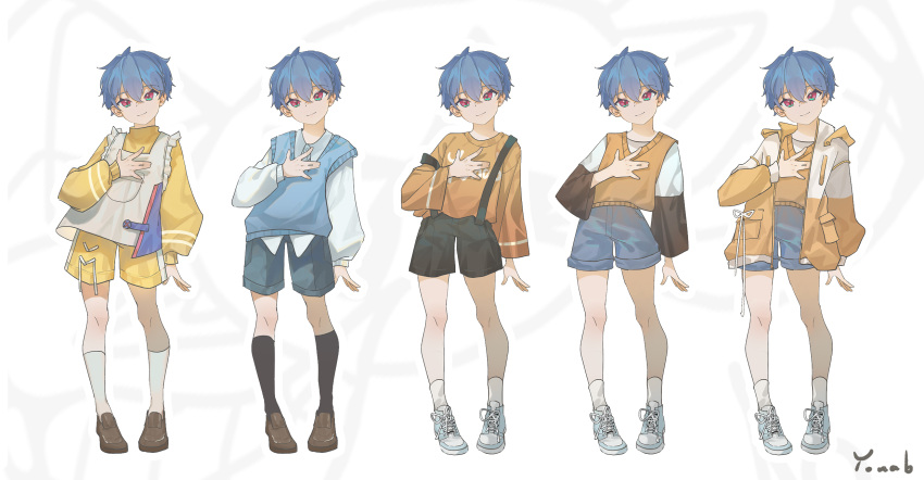 1boy blue_eyes blue_hair fashion full_body highres loafers long_sleeves looking_at_viewer male_focus multicolored_eyes original reference_sheet shoes short_hair shorts socks solo violet_eyes white_background yonab yonab_(yonab)