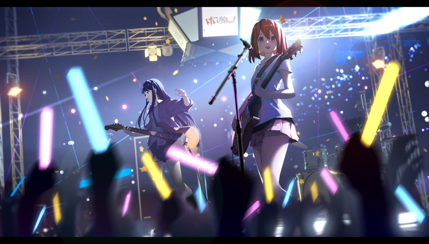 2girls 6+others :d absurdres akiyama_mio alisi bangs bass_guitar black_hair brown_eyes brown_hair commentary concert drum drum_set electric_guitar glowstick guitar highres hirasawa_yui holding holding_instrument instrument k-on! long_hair microphone microphone_stand multiple_girls multiple_others open_mouth pink_skirt revision shirt short_hair short_sleeves skirt sleeves_rolled_up smile stage white_shirt