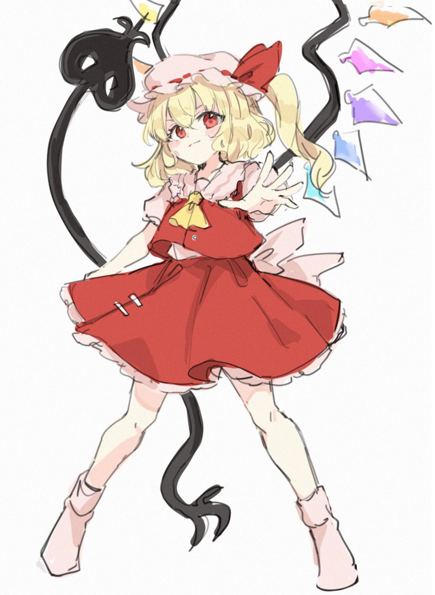 ascot back_bow bangs blonde_hair bow collared_shirt crystal flandre_scarlet frilled_shirt_collar frilled_sleeves frills full_body hat hat_bow highres laevatein_(touhou) medium_hair mob_cap one_side_up outstretched_arm paragasu_(parags112) pink_bow pink_headwear pink_shirt puffy_short_sleeves puffy_sleeves red_bow red_eyes red_skirt red_vest shirt short_sleeves sketch skirt skirt_set solo spread_legs standing touhou vest white_background white_headwear wings yellow_ascot