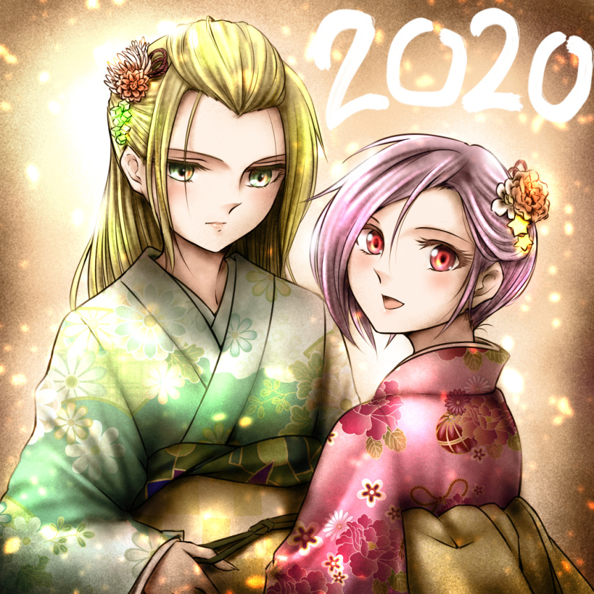 2020 :d alina_gray alternate_costume alternate_hairstyle aqua_eyes bangs_pinned_back brown_background brown_sash cube_hair_ornament expressionless floral_print flower green_hair green_kimono hair_flower hair_ornament japanese_clothes kanzashi kimono long_hair magia_record:_mahou_shoujo_madoka_magica_gaiden magical_girl mahou_shoujo_madoka_magica misono_karin obi obiage obijime print_kimono purple_hair purple_kimono red_eyes sash satom sidelocks smile star_(symbol) star_hair_ornament