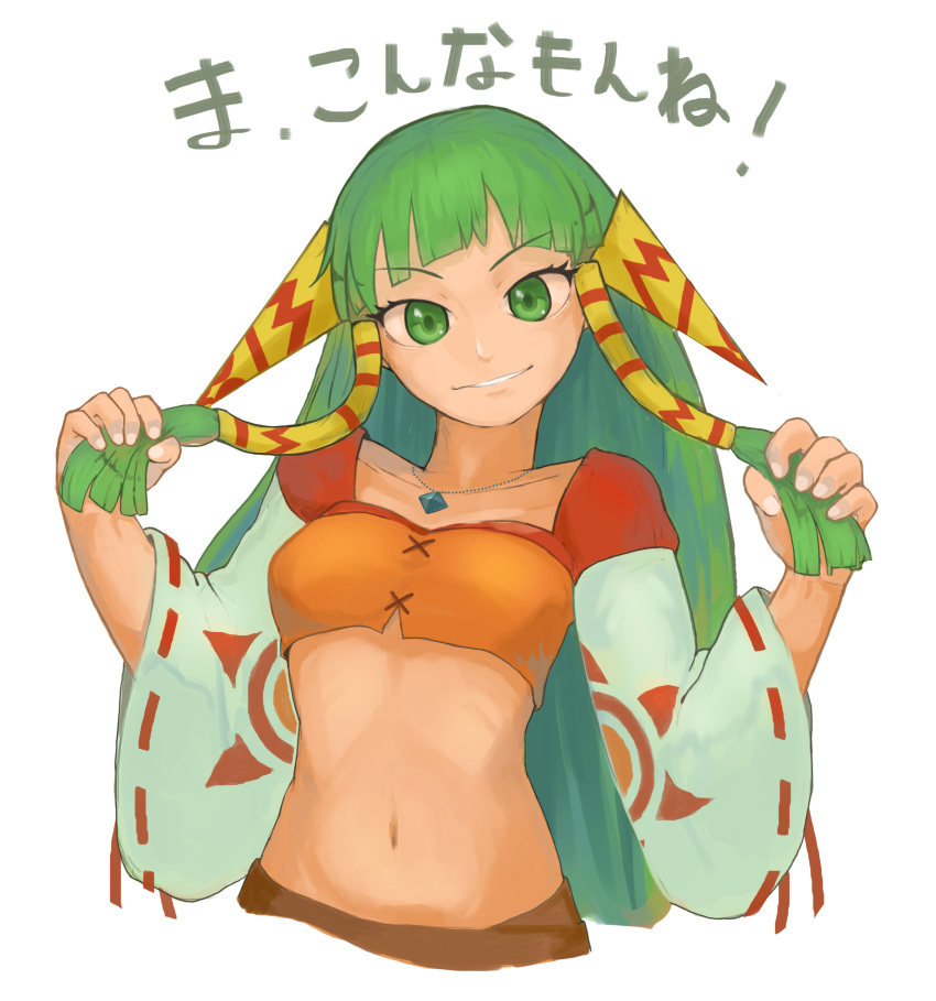 1girl absurdres akumesik feena_(grandia) grandia grandia_i green_eyes green_hair hair_ornament hair_tubes highres jewelry long_hair looking_at_viewer midriff navel necklace simple_background smile solo white_background wide_sleeves