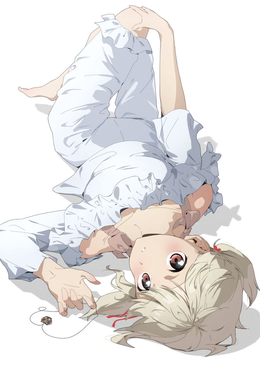 1girl :o absurdres barefoot blonde_hair blush frills highres looking_at_viewer lycoris_recoil lying nishikigi_chisato on_back on_ground red_eyes shirt solo twintails white_shirt