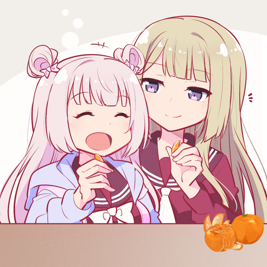 +++ 2girls :d ^_^ assault_lily bangs blue_jacket blunt_bangs bow bowtie brown_sailor_collar circle closed_eyes closed_mouth double_bun food fruit grey_background grey_hair hair_bow hair_bun hand_up highres holding holding_food holding_fruit jacket kanba_girls_high_school_uniform light_blush long_hair long_sleeves mandarin_orange miyagawa_takane morugen multicolored_clothes multicolored_jacket multiple_girls necktie notice_lines open_clothes open_jacket open_mouth orange_(fruit) orange_slice pink_hair pink_jacket red_shirt sailor_collar school_uniform serafuku shirt side-by-side smile table tanba_akari two-tone_background upper_body violet_eyes white_background white_bow white_bowtie white_necktie