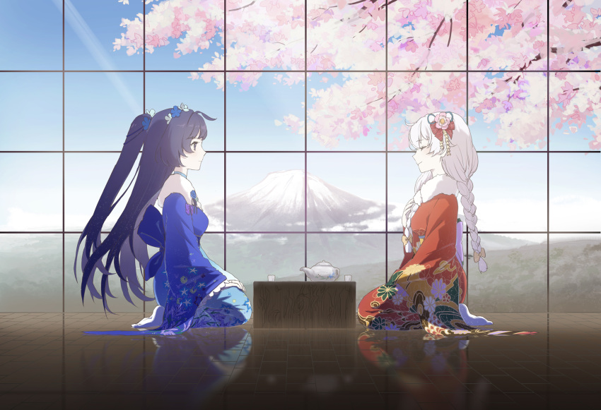 2girls blue_kimono blue_sky braid cherry_blossoms closed_eyes closed_mouth clouds cloudy_sky cup flower full_body hair_flower hair_ornament highres honkai_(series) honkai_impact_3rd japanese_clothes kiana_kaslana kimono long_hair long_sleeves multiple_girls orange_kimono ponytail purple_hair rafaelaaa raiden_mei seiza sitting sky socks table teacup teapot tree twin_braids violet_eyes white_hair white_socks