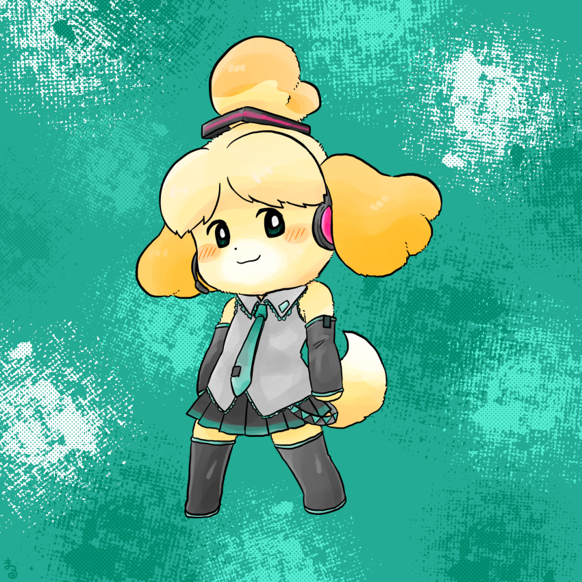 1girl animal_crossing black_skirt blonde_hair brown_eyes cosplay detached_sleeves dog_girl full_body furry green_skirt grey_sleeves happy hatsune_miku hatsune_miku_(cosplay) highres isabelle_(animal_crossing) maaruutaa0 necktie open_mouth parody personification shiny shiny_hair skirt smile solo vocaloid