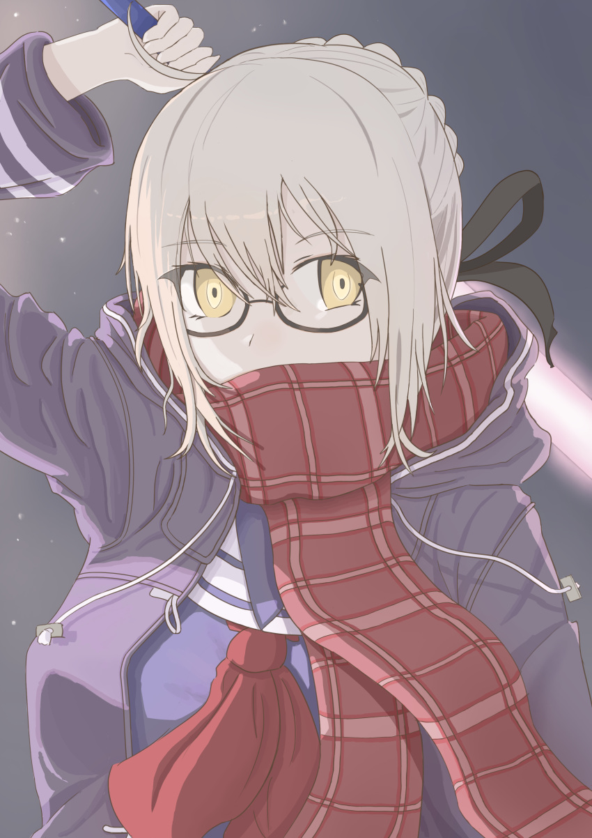 1girl absurdres ahoge arm_up artoria_pendragon_(fate) black-framed_eyewear black_ribbon blonde_hair fate/grand_order fate_(series) glasses glowing glowing_sword glowing_weapon hair_between_eyes highres holding holding_sword holding_weapon hood hood_down icetea774 looking_at_viewer mysterious_heroine_x_alter_(fate) photoshop_(medium) plaid red_scarf ribbon scarf short_hair solo sword upper_body weapon yellow_eyes