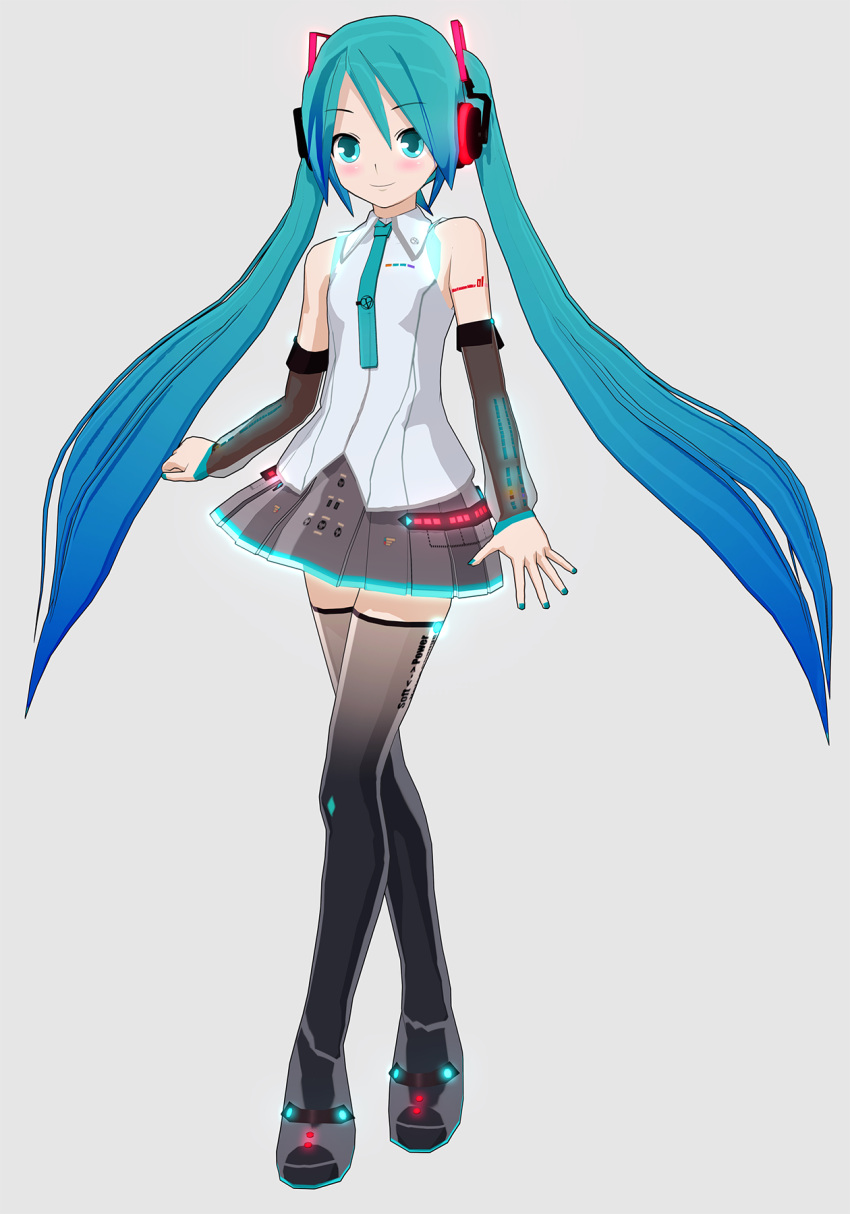 1girl 3d aqua_eyes aqua_hair aqua_necktie bangs bare_shoulders black_footwear black_skirt black_sleeves black_thighhighs boots breasts commentary_request detached_sleeves frilled_skirt frills full_body hair_between_eyes hands_on_hips hatsune_miku hatsune_miku_(vocaloid4) headset highres long_hair long_sleeves looking_at_viewer medium_breasts mikumikudance_(medium) miniskirt mintlentil necktie shoulder_tattoo simple_background skirt smile solo tattoo thigh-highs thigh_boots v4x very_long_hair vest vocaloid vocaloid_(lat-type_ver) white_background white_vest