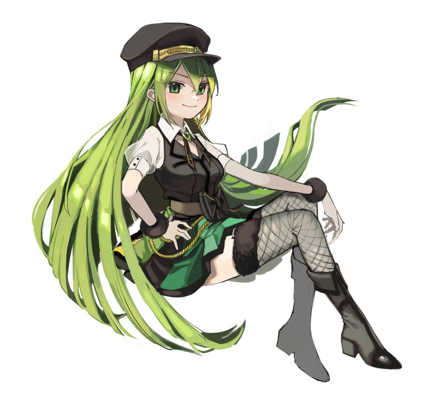 1girl alina_gray black_footwear black_headwear black_skirt black_thighhighs commentary fishnet_thighhighs fishnets fold-over_boots fur_cuffs fur_trim green_eyes green_hair green_skirt hat highres long_hair looking_at_viewer magia_record:_mahou_shoujo_madoka_magica_gaiden mahou_shoujo_madoka_magica multicolored_clothes multicolored_skirt peaked_cap pleated_skirt roseziny skirt smile solo striped striped_skirt symbol-only_commentary thigh-highs vertical-striped_skirt vertical_stripes