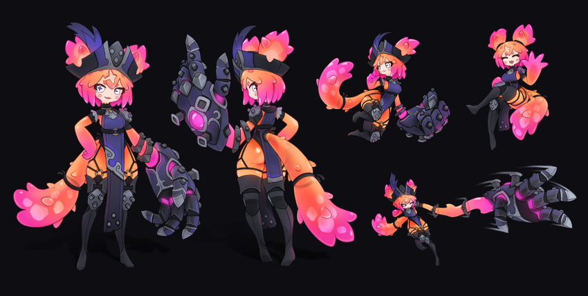 1girl :3 absurdres asymmetrical_arms black_background boots colored_skin cross-shaped_pupils crossed_legs fewer_digits from_behind gauntlets hand_on_hip hat highres looking_at_viewer monster_girl multiple_views orange_hair orange_skin original oversized_forearms oversized_limbs pirate_hat reference_sheet short_hair single_gauntlet slime_girl squeaky_(artist) standing tabard tail thigh_boots translucent_skin waving white_eyes