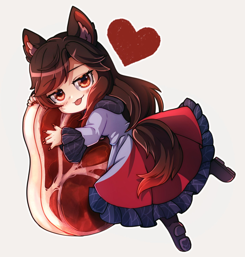 1girl animal_ear_fluff animal_ears bangs brown_hair dress dungeon_toaster english_commentary food full_body heart highres imaizumi_kagerou long_hair looking_at_viewer meat oversized_food red_dress red_eyes simple_background smile solo tongue tongue_out touhou two-tone_dress white_background white_dress wolf_ears
