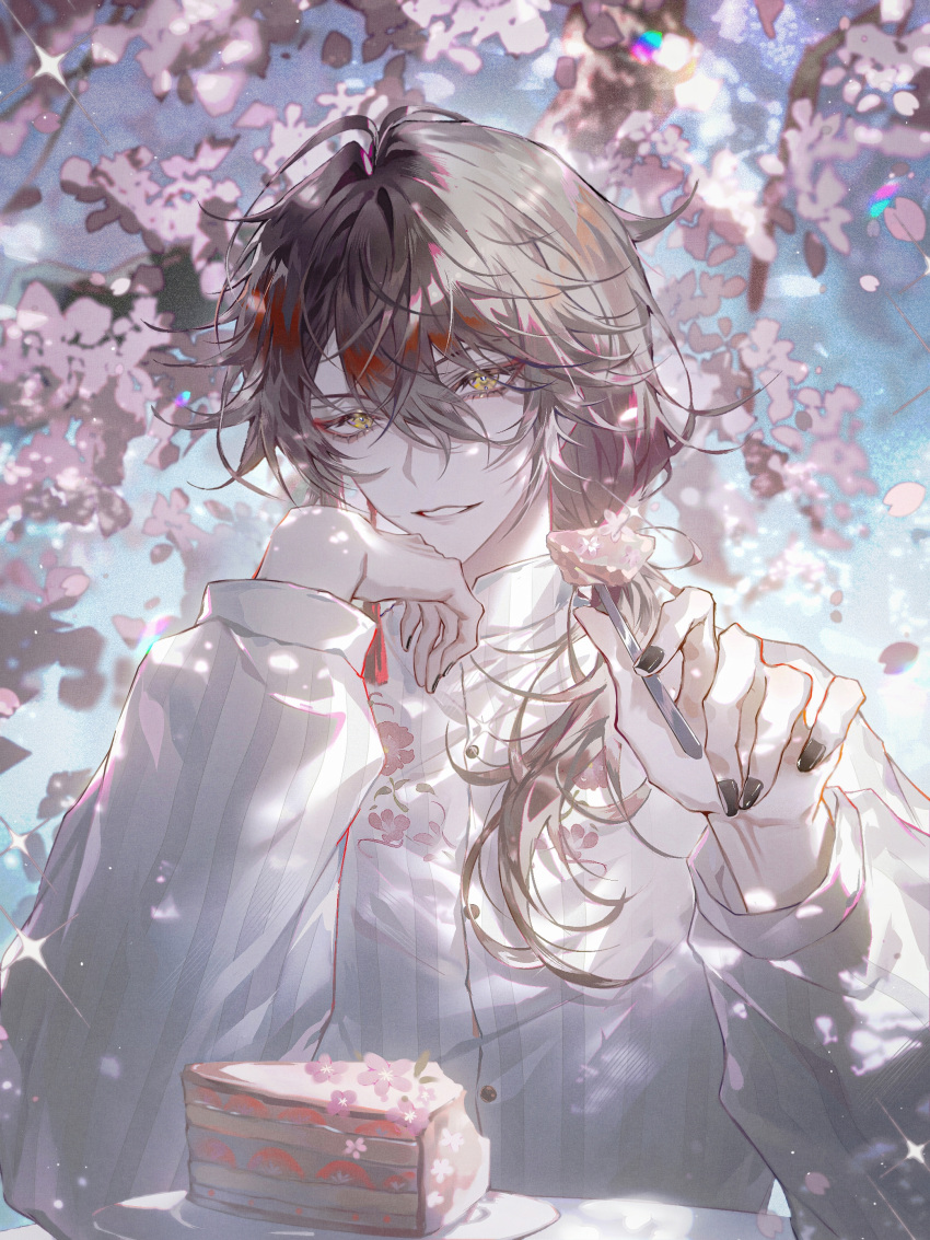 1boy absurdres alternate_costume bishounen black_hair black_nails cake cake_slice cherry_blossoms diffraction_spikes falling_petals food hand_on_own_chin highres lens_flare long_sleeves looking_at_viewer low_ponytail male_focus multicolored_hair nijisanji nijisanji_en outstretched_hand petals reaching_out red_eyeliner redhead side_ponytail smile solo sparkle virtual_youtuber vox_akuma yellow_eyes zhumojian