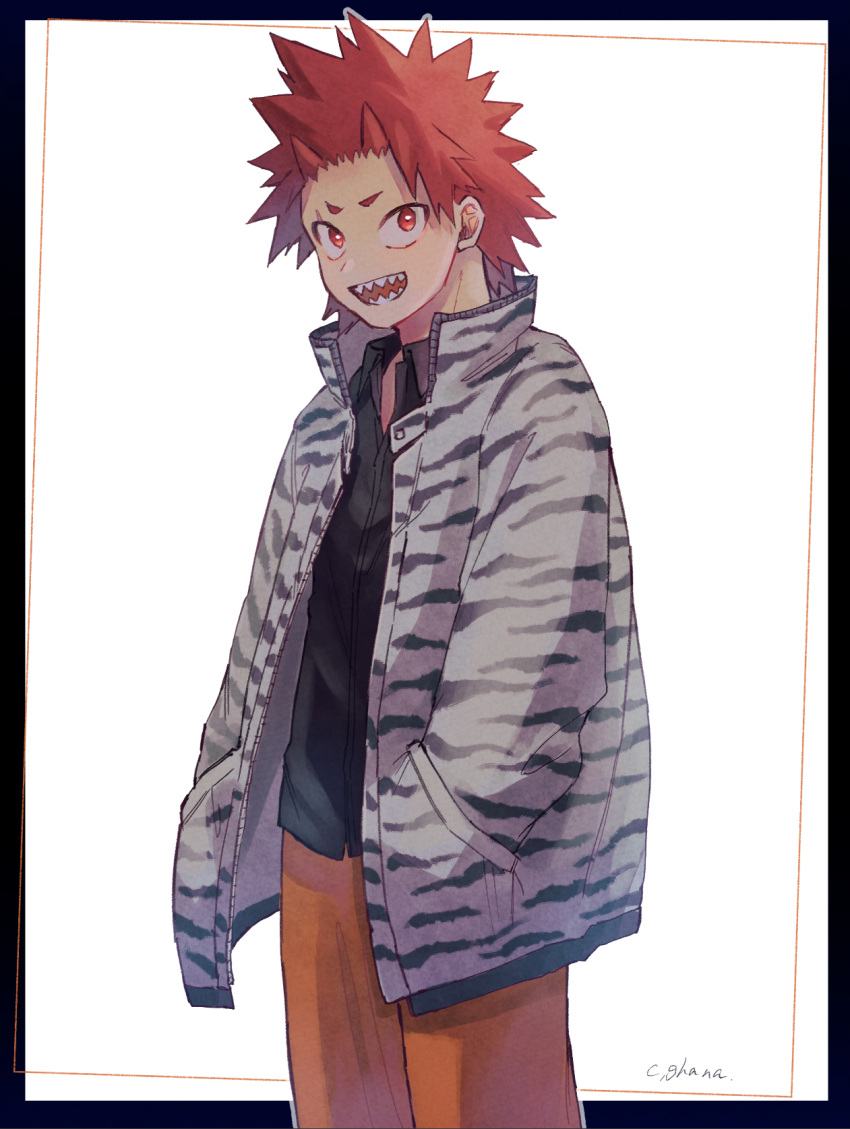 1boy adcalcium animal_print black_border black_shirt boku_no_hero_academia border collared_shirt commentary_request cowboy_shot hands_in_pockets highres jacket kirishima_eijirou long_sleeves looking_at_viewer male_focus open_clothes open_jacket open_mouth orange_pants outside_border pants print_jacket red_eyes redhead sharp_teeth shirt short_hair signature simple_background smile solo spiky_hair standing teeth tiger_print white_background white_jacket