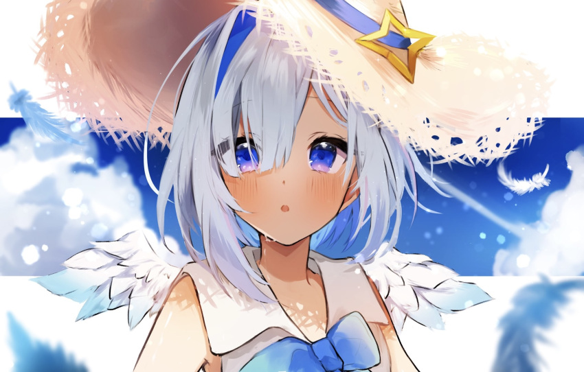 1girl amane_kanata angel_wings blue_hair blue_sky blush clouds colored_inner_hair feathered_wings feathers grey_hair hair_between_eyes hat highres hololive mashiro_io multicolored_hair shirt short_hair sky sleeveless sleeveless_shirt solo straw_hat sweat violet_eyes virtual_youtuber wings