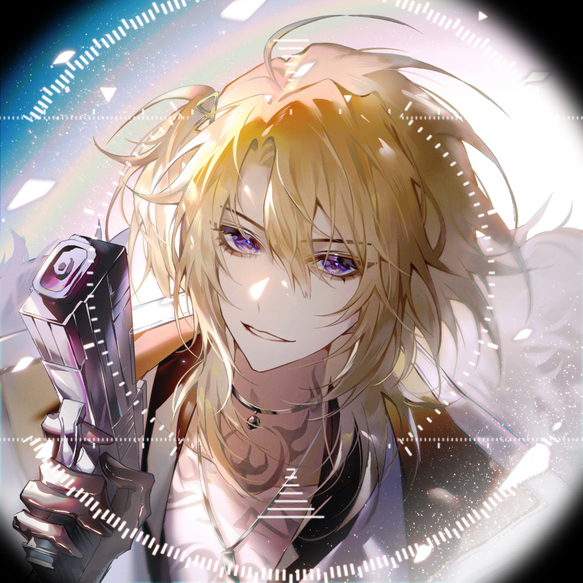 1boy absurdres bangs bishounen black_gloves blonde_hair chest_tattoo collared_shirt gloves gun highres holding holding_gun holding_weapon looking_at_viewer luca_kaneshiro male_focus nijisanji nijisanji_en shirt short_hair short_sidetail smile solo tattoo upper_body violet_eyes virtual_youtuber weapon zhumojian