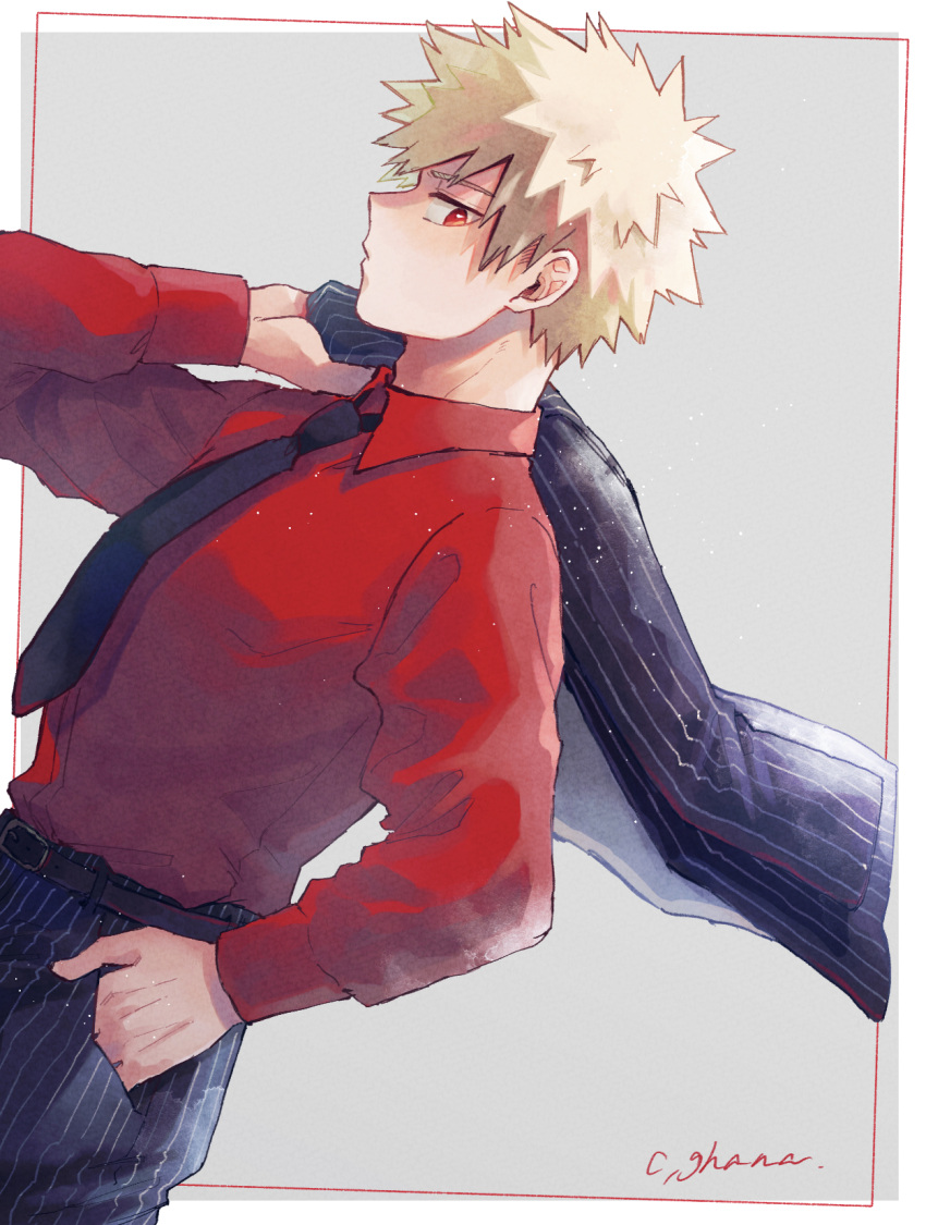 1boy adcalcium bakugou_katsuki belt black_belt black_jacket black_necktie black_pants blonde_hair boku_no_hero_academia border collared_shirt commentary_request cowboy_shot dutch_angle grey_background hand_in_pocket highres holding holding_clothes holding_jacket jacket jacket_over_shoulder jacket_removed long_sleeves male_focus necktie outside_border pants red_eyes red_shirt shirt short_hair signature simple_background solo spiky_hair standing striped striped_jacket striped_pants vertical-striped_jacket vertical-striped_pants vertical_stripes white_border