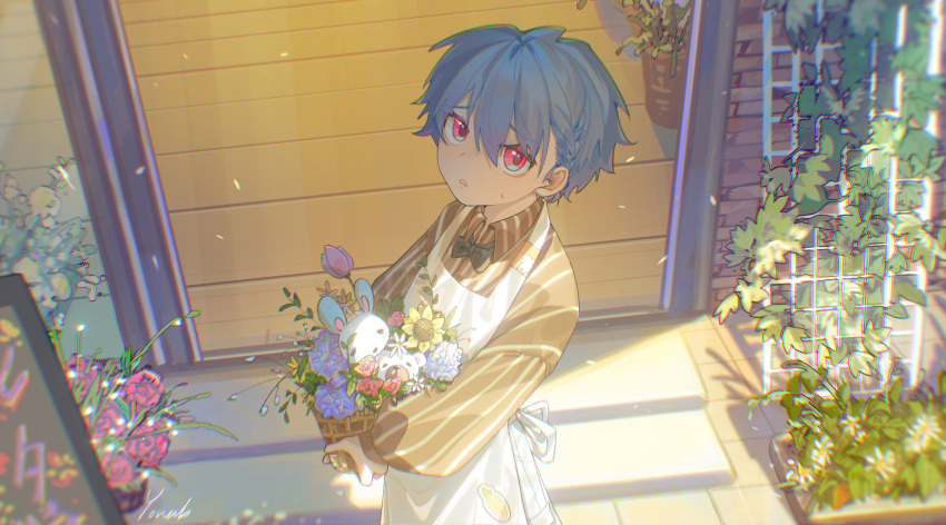 1boy absurdres androgynous basket blue_eyes blue_hair blush flower highres looking_up male_focus multicolored_eyes original parted_lips plant short_hair solo stuffed_animal stuffed_bunny stuffed_toy sweat vase violet_eyes yonab