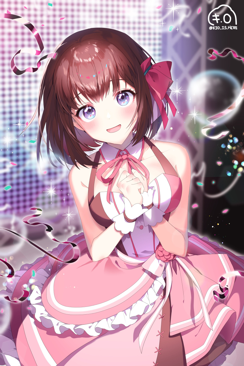 1girl absurdres azki_(hololive) bare_shoulders blue_eyes blush brown_hair buttons collarbone confetti frills hair_ornament highres hololive kio_is_here looking_at_viewer open_mouth skirt twitter_username virtual_youtuber