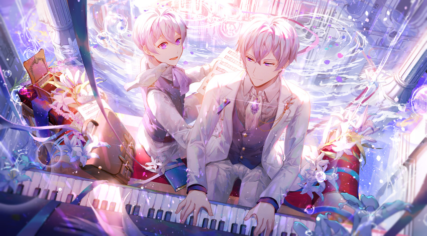 absurdres age_comparison ahoge animal_on_shoulder bird bird_on_shoulder formal highres holding holding_paper idolish_7 instrument looking_at_viewer male_focus open_mouth paper piano piano_bench reku_(pixiv3677982) short_hair suit time_paradox underwear violet_eyes
