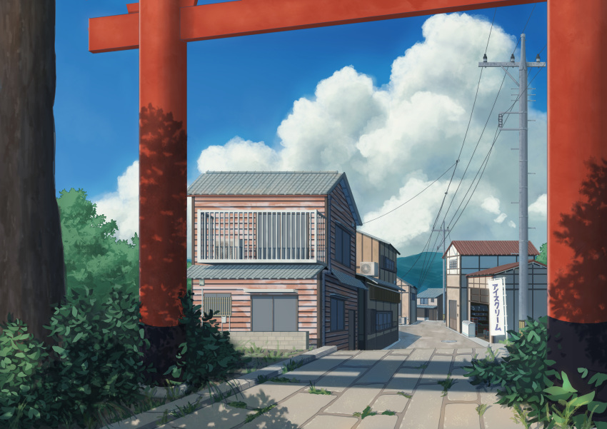 absurdres bush clouds cumulonimbus_cloud grass highres house icetea774 mountain no_humans original outdoors plant scenery sign summer torii tree utility_pole