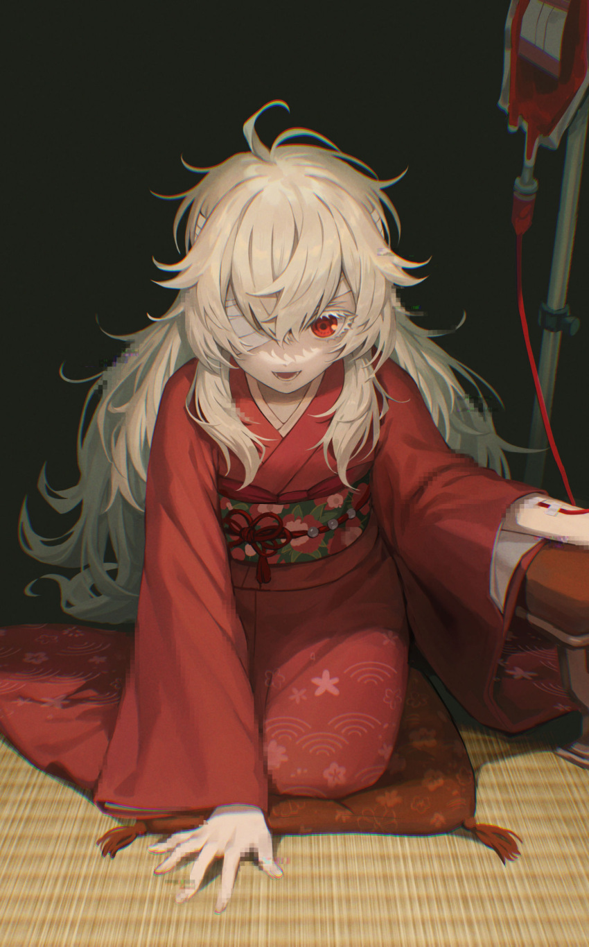 1girl bandage_over_one_eye bandages blood blood_bag child chromatic_aberration commentary cushion female_child glitch haine_(summertime_render) hand_on_floor highres intravenous_drip iv_stand japanese_clothes kimono long_hair messy_hair print_kimono red_eyes red_kimono seiza sitting solo summertime_render taranboman very_long_hair white_hair wide_sleeves zabuton