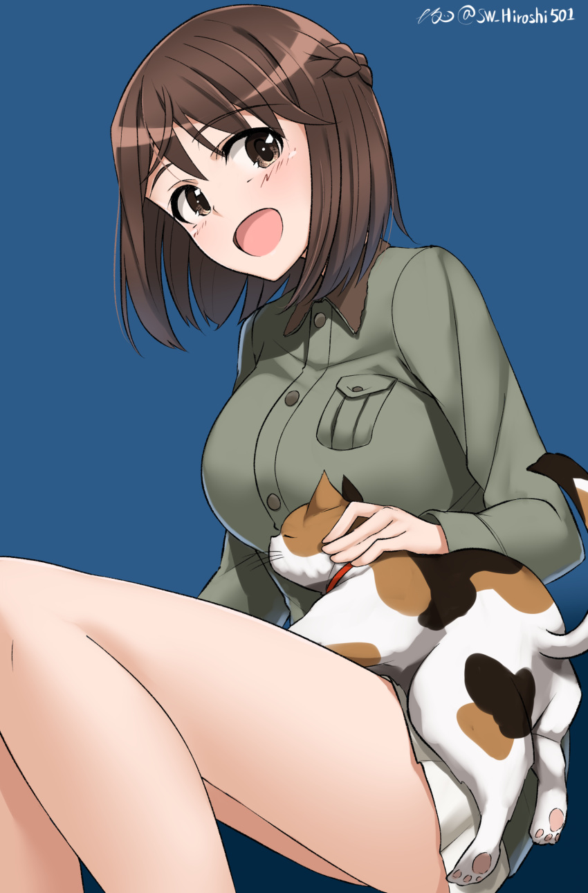 1girl absurdres artist_name blue_background blush braid breasts brown_eyes brown_hair calico cat highres hiroshi_(hunter-of-kct) large_breasts looking_at_viewer luminous_witches military military_uniform open_mouth shibuya_inori shiny shiny_hair shiny_skin short_hair simple_background smile uniform world_witches_series