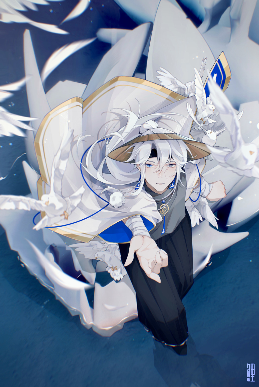 1boy absurdres bandaged_arm bandages bishounen blue_eyes blurry depth_of_field full_body fur hair_bun half_updo hat highres kujokoii male_focus outstretched_hand reaching_out ruo_li single_hair_bun sky:_children_of_the_light solo wading white_bird white_hair