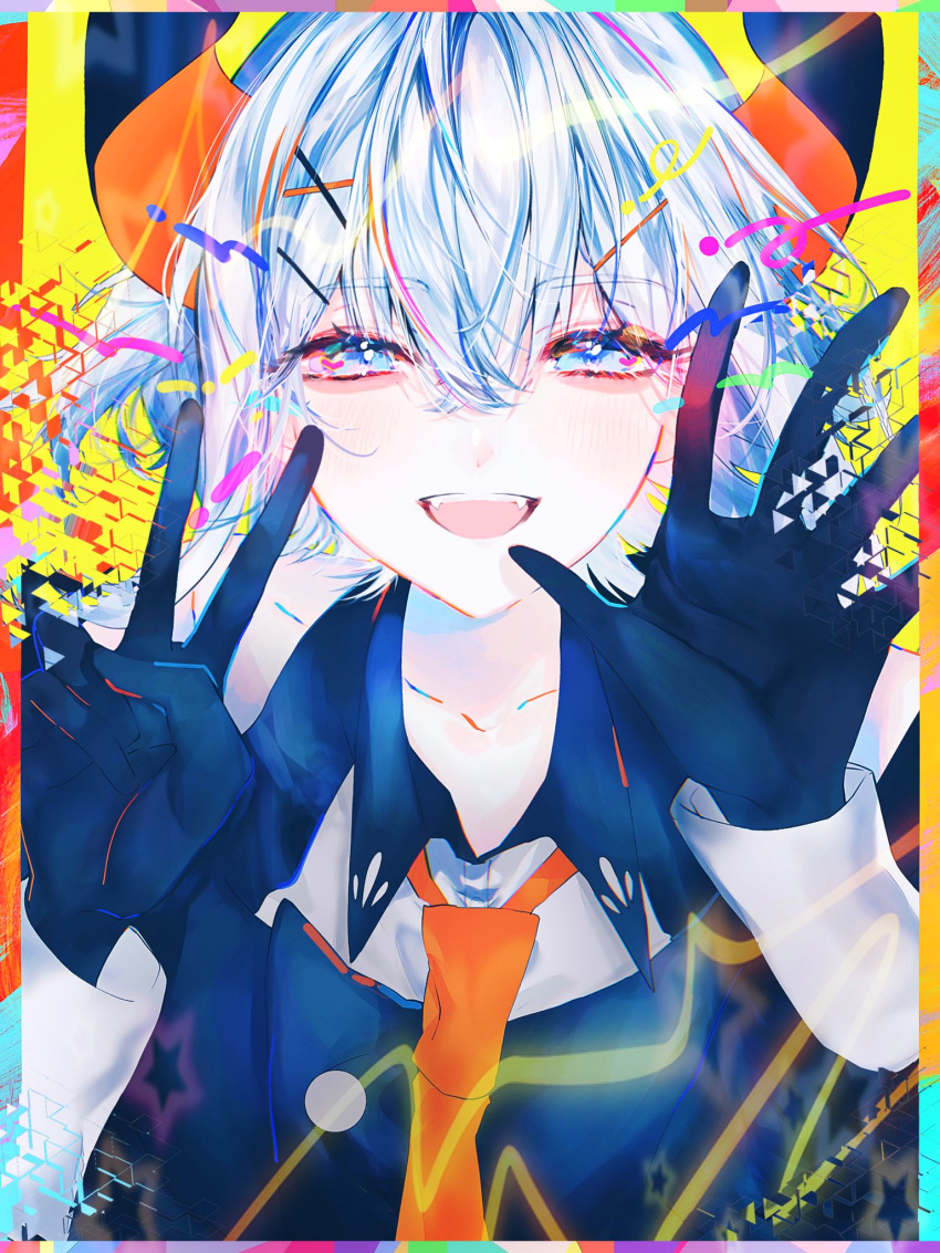 1girl :d banbiiiino0303 bangs black_gloves black_horns blush border collarbone collared_shirt commentary_request crossed_bangs eyelashes fangs gloves hair_between_eyes hair_ornament hairpin half-closed_eyes hands_up highres horns levi_elipha long_hair looking_at_viewer multicolored_border multicolored_horns necktie nijisanji open_mouth orange_horns orange_necktie shirt sleeves_past_elbows smile solo teeth tongue upper_body upper_teeth v virtual_youtuber white_hair white_shirt x_hair_ornament yellow_background