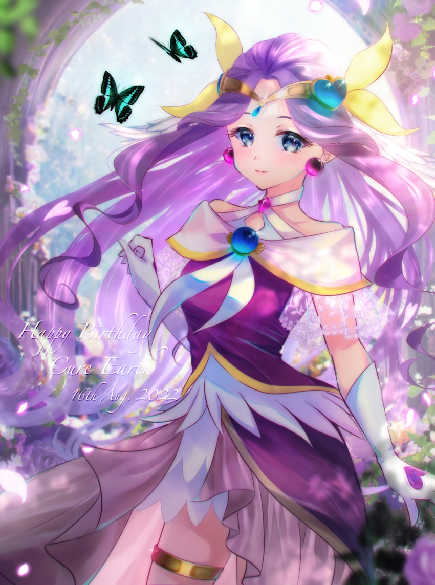 1girl arch birthday blue_eyes blush breasts brooch bug butterfly collarbone cure_earth dated day dress earrings elbow_gloves forest fuurin_asumi gloves hair_ornament healin'_good_precure heart heart_hair_ornament highres jewelry leaf lips looking_at_viewer medium_breasts minccino7 nature outdoors petals precure purple_dress purple_hair ruins smile tiara white_gloves