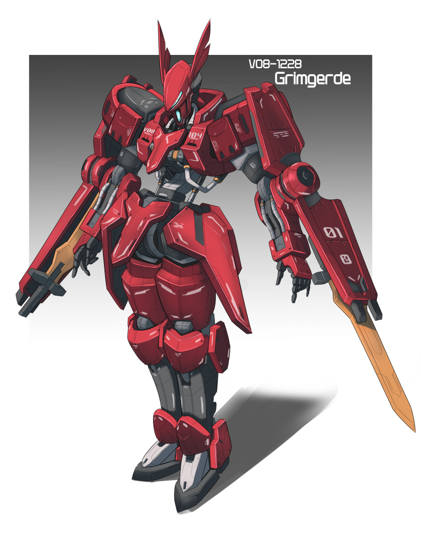 absurdres arm_blade character_name gradient gradient_background grimgerde_(gundam_tekketsu_no_orphans) gundam gundam_tekketsu_no_orphans highres jellen_squish leaning_back looking_down mecha mobile_suit open_hands piston robot science_fiction shadow solo standing weapon