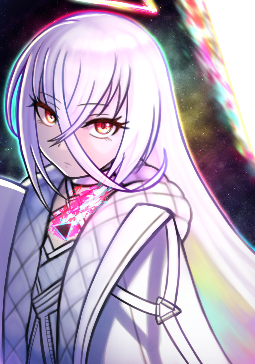 1other absurdres androgynous bangs bodysuit fire hair_between_eyes halo highres hololive hololive_english jacket looking_at_viewer multicolored_hair omega_alpha portrait rainbow_hair red_eyes silverchariotx solo space white_bodysuit white_jacket