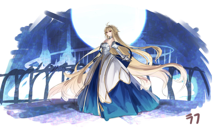 1girl antenna_hair archetype_earth arcueid_brunestud bangs blonde_hair blue_dress closed_mouth dress elbow_gloves full_body full_moon gloves highres jazztaki long_hair looking_at_viewer melty_blood moon princess_outfit red_eyes signature solo standing strapless strapless_dress tsukihime white_dress white_gloves