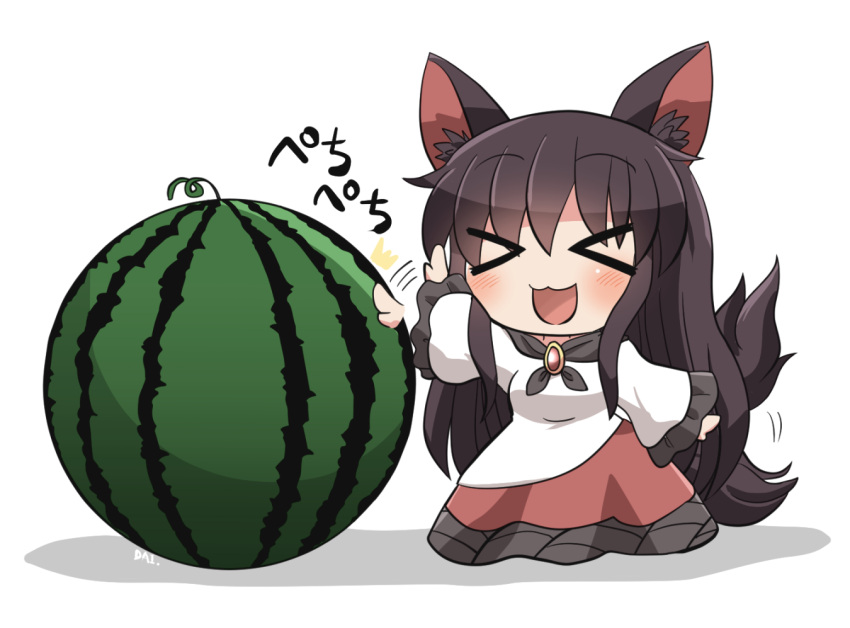&gt;_&lt; 1girl animal_ears blush brown_hair dress food fruit full_body hair_between_eyes imaizumi_kagerou long_hair long_sleeves motion_lines open_mouth rokugou_daisuke signature simple_background smile solo tail touhou watermelon white_background white_dress wide_sleeves wolf_ears wolf_tail