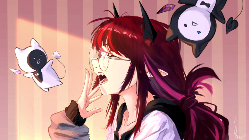 1girl absurdres bloom_(irys) closed_eyes fangs from_side glasses gloom_(irys) highres hololive horns irys_(hololive) messy_hair open_mouth pointy_ears round_eyewear sharp_teeth tagcaat teeth virtual_youtuber yawning