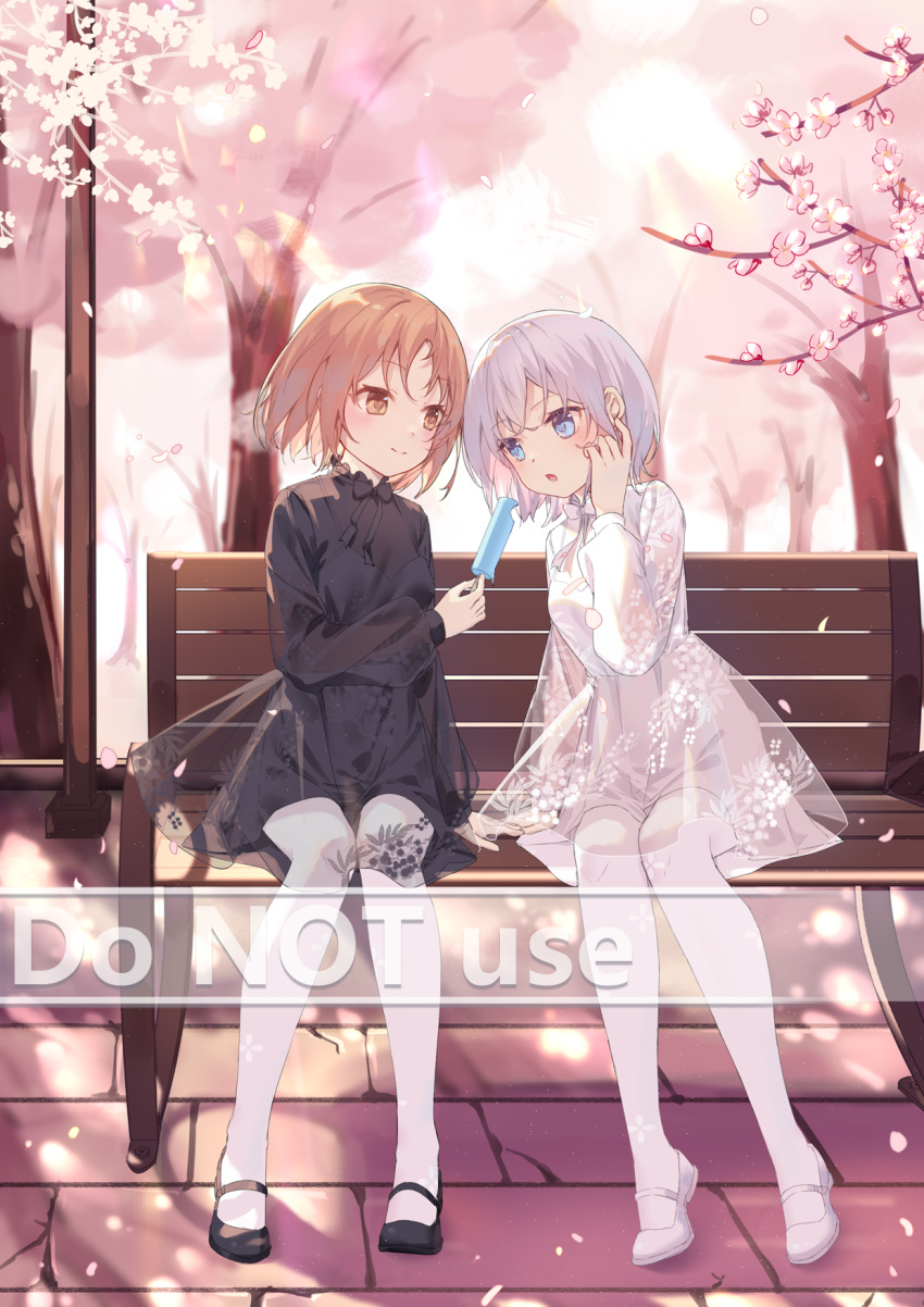 2girls :o black_dress black_footwear blue_eyes branch breasts brown_eyes brown_hair closed_mouth commentary_request day dress feeding flower food grey_hair hand_up highres holding holding_food long_sleeves mo_(pixiv9929995) multiple_girls on_bench original outdoors pantyhose parted_lips petals pink_flower popsicle puffy_long_sleeves puffy_sleeves see-through shoes small_breasts smile tree white_dress white_footwear white_pantyhose