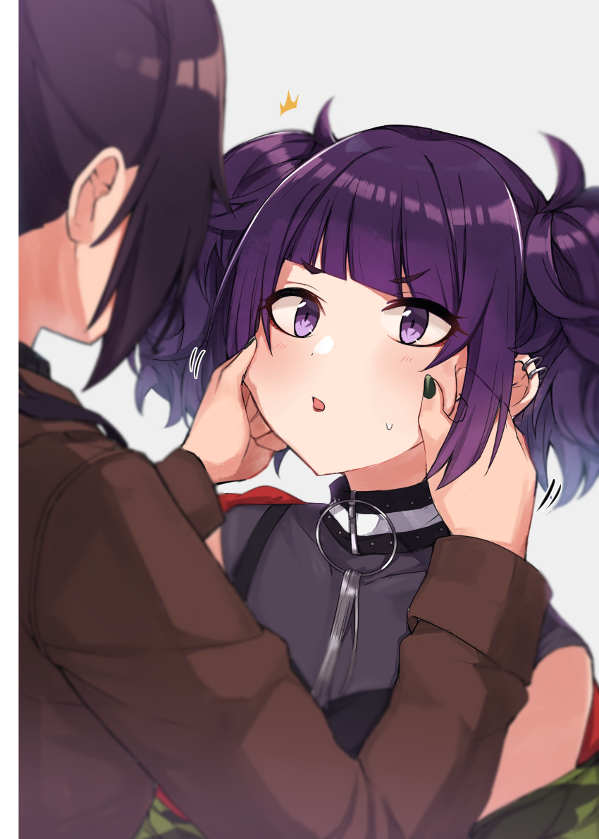 2girls absurdres bangs black_nails black_shirt brown_jacket cheek_pinching commentary_request diagonal_bangs ear_piercing grey_background hanetsuka highres idolmaster idolmaster_shiny_colors jacket long_sleeves looking_at_another motion_lines multiple_girls parted_lips piercing pinching purple_hair shirase_sakuya shirt simple_background sleeveless sleeveless_shirt sweatdrop tanaka_mamimi twintails upper_body violet_eyes