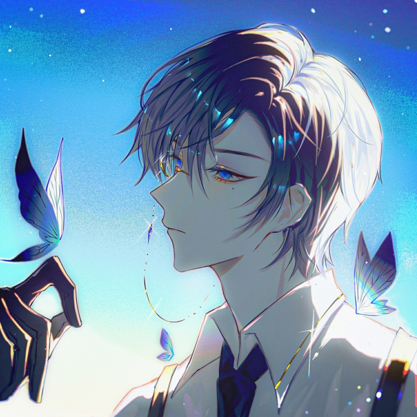 1boy bishounen black_hair blue_butterfly blue_eyes bug butterfly butterfly_on_hand collared_shirt for_all_time glasses gloves highres lens_flare looking_at_another male_focus mole mole_under_eye shirt si_lan solo upper_body white_shirt zhumojian
