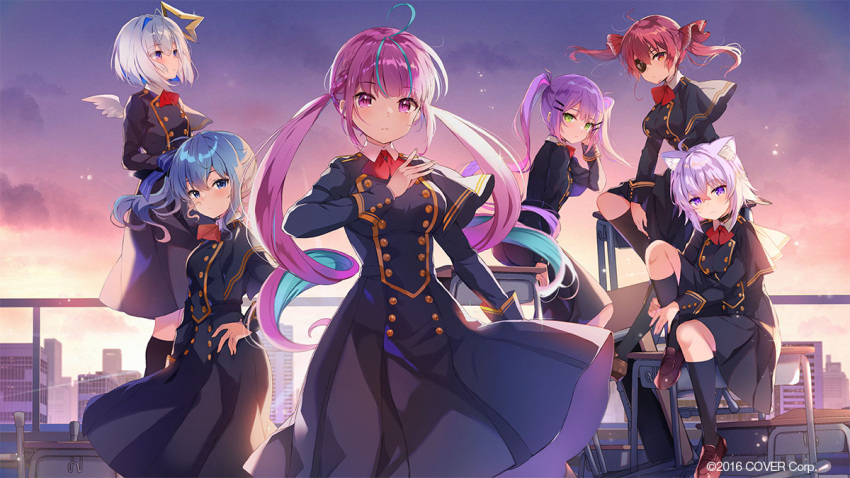 6+girls ahoge amane_kanata animal_ear_fluff animal_ears anniversary ascot blue_eyes blue_hair bow bowtie breasts cityscape copyright_name epaulettes green_eyes halo hololive hoshimachi_suisei houshou_marine jacket kneehighs long_hair long_sleeves looking_at_viewer minato_aqua multicolored_hair multiple_girls nekomata_okayu pink_hair purple_hair red_ascot red_eyes redhead sakura_koharu school_uniform sitting smile socks standing star_halo tokoyami_towa twintails two-tone_hair violet_eyes virtual_youtuber wings yellow_eyes