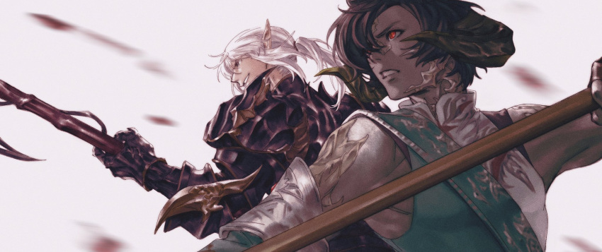 2boys armor au_ra back-to-back bangs bare_shoulders black_hair breastplate caloserrr clenched_teeth collared_shirt commentary detached_sleeves dragon_horns dragoon_(final_fantasy) elezen elf english_commentary estinien_varlineau fighting_stance film_grain final_fantasy final_fantasy_xiv from_side gauntlets grey_eyes grin high_collar highres holding holding_polearm holding_weapon horns lance looking_ahead male_focus medium_hair motion_blur multiple_boys pauldrons pointy_ears polearm ponytail red_eyes sash scales serious shirt short_hair shoulder_armor smile swept_bangs teeth upper_body v-shaped_eyebrows varshahn weapon white_hair white_shirt