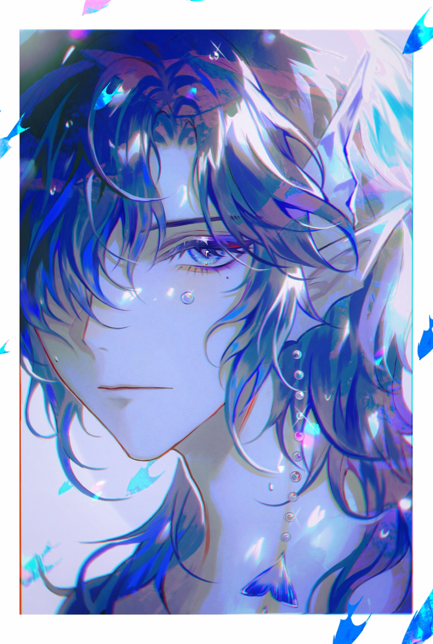 1boy bishounen blue_eyes earrings expressionless for_all_time gem hair_over_one_eye head_fins highres jewelry looking_at_viewer male_focus mermaid mole mole_under_eye monster_girl pearl_(gemstone) pearl_earrings si_lan solo zhumojian