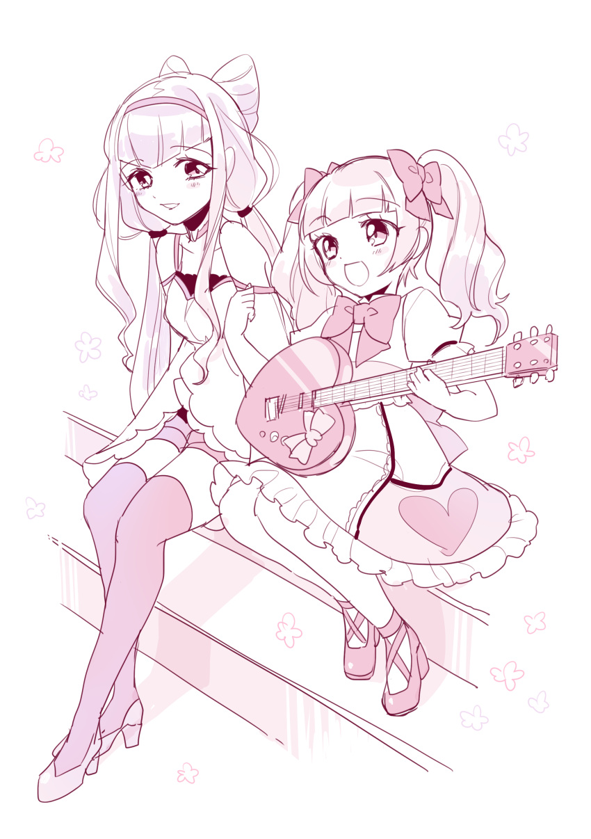 2girls absurdres aisaki_emiru ayumaru_(art_of_life) bow full_body guitar hair_bow highres holding holding_instrument hugtto!_precure instrument long_hair looking_at_another multiple_girls open_mouth ponytail precure ruru_amour sitting sketch twintails wavy_hair white_background