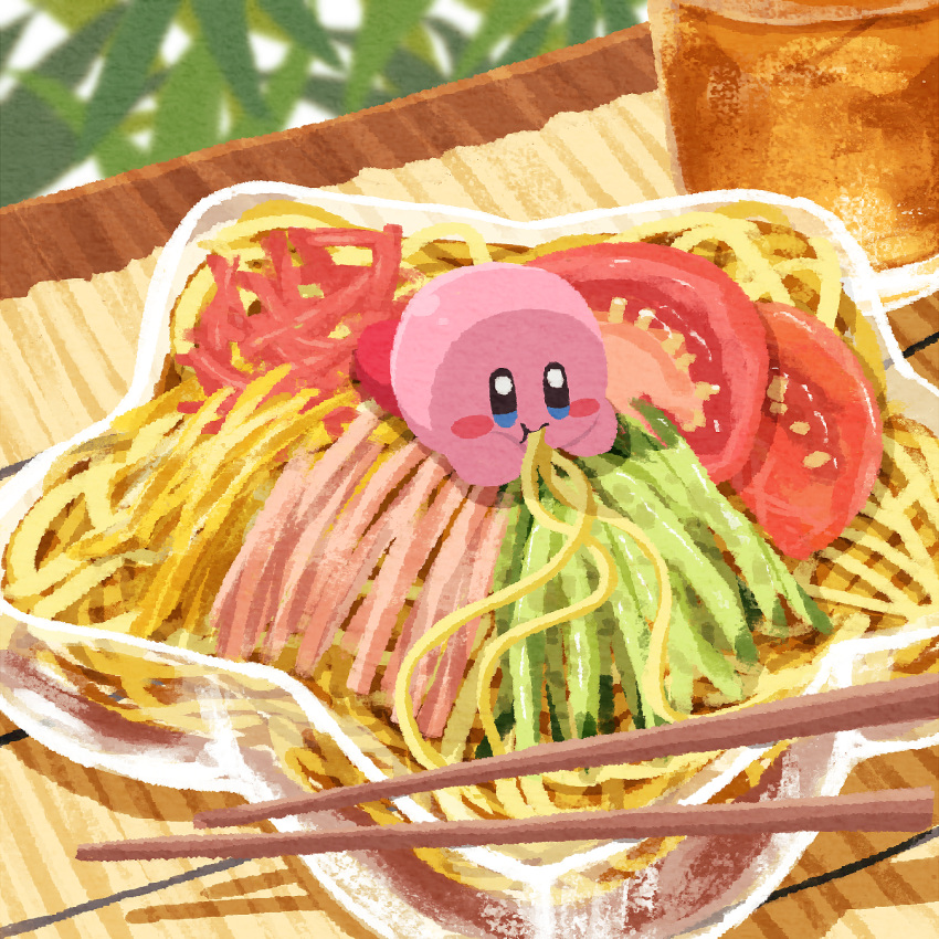 bangs chopsticks colored_skin cucumber cup drink eating food glass highres kirby kirby_(series) miclot no_humans noodles pink_skin shadow sparkling_eyes star-shaped_box tomato