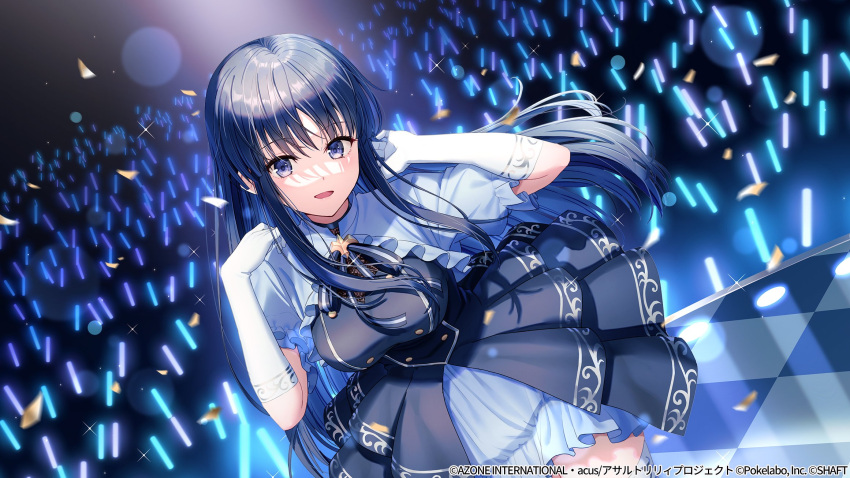 1girl assault_lily audience bangs black_dress black_hair black_ribbon breasts buttons checkered_floor commentary_request confetti cowboy_shot dress dutch_angle elbow_gloves frilled_sleeves frills gloves hair_between_eyes hands_up highres hyuuga_azuri indoors large_breasts layered_dress light_particles long_hair looking_at_viewer neck_ribbon official_alternate_costume official_art parted_lips penlight puffy_short_sleeves puffy_sleeves ribbon shirai_yuyu short_sleeves sidelocks smile solo sparkle spotlight stage striped striped_ribbon thigh-highs very_long_hair violet_eyes watermark white_gloves white_thighhighs zettai_ryouiki
