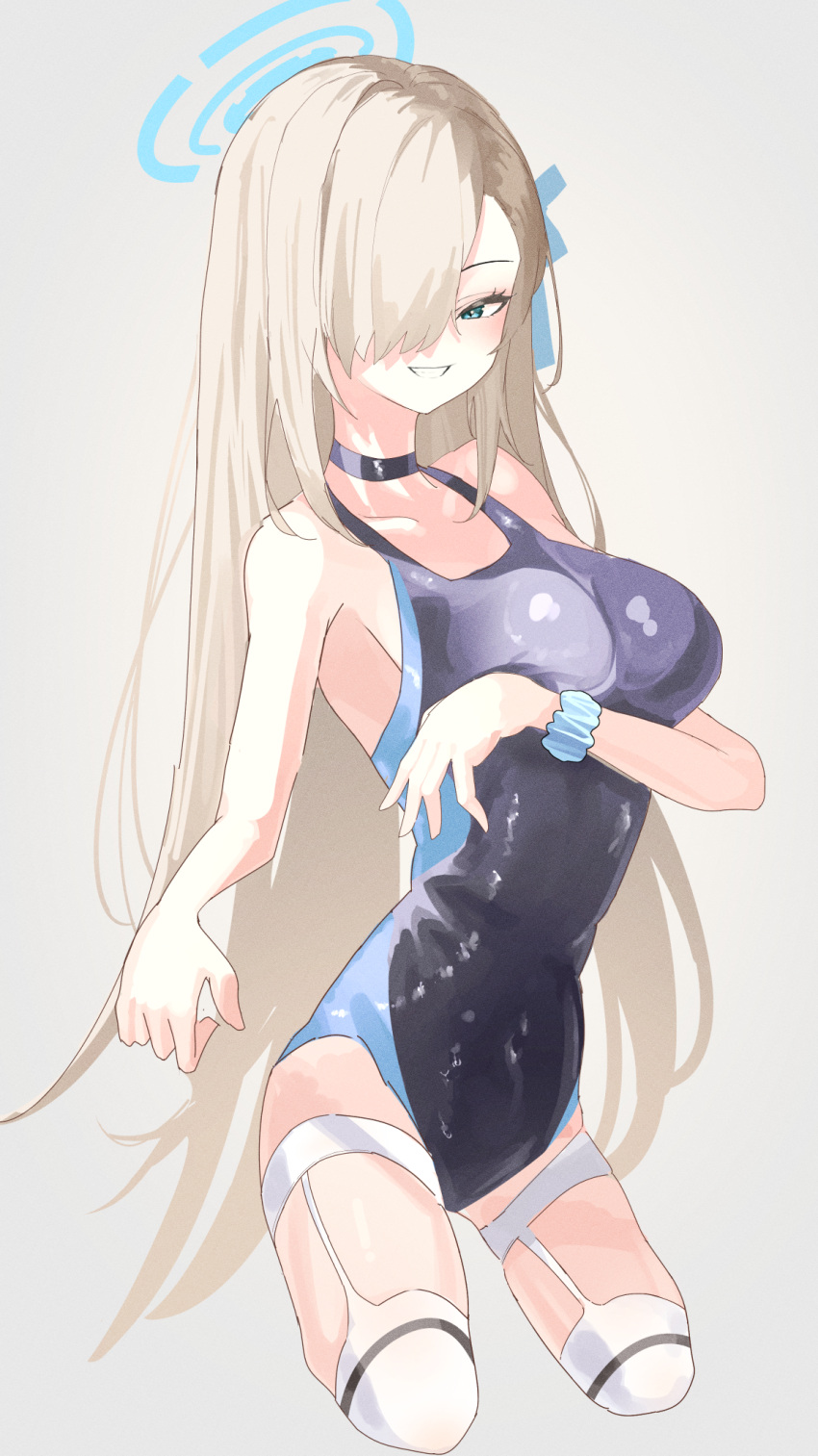 1girl asuna_(blue_archive) bangs black_swimsuit blue_archive blue_eyes blue_swimsuit blush breasts competition_swimsuit covered_navel gloves hair_over_one_eye halo highleg highleg_swimsuit highres large_breasts light_brown_hair long_hair mole mole_on_breast multicolored_clothes multicolored_swimsuit one-piece_swimsuit solo standing swept_bangs swimsuit tatara_(alnath_may) thigh-highs very_long_hair white_gloves white_swimsuit white_thighhighs