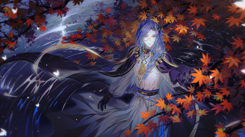 1boy absurdres bishounen blue_eyes blue_hair braid bug butterfly cape chinese_clothes for_all_time glowing_butterfly hanfu highres jacket jacket_on_shoulders leaf long_sleeves looking_at_viewer low_ponytail male_focus maple_leaf mole mole_under_eye outstretched_hand si_lan single_braid solo wading waves white_butterfly zhumojian
