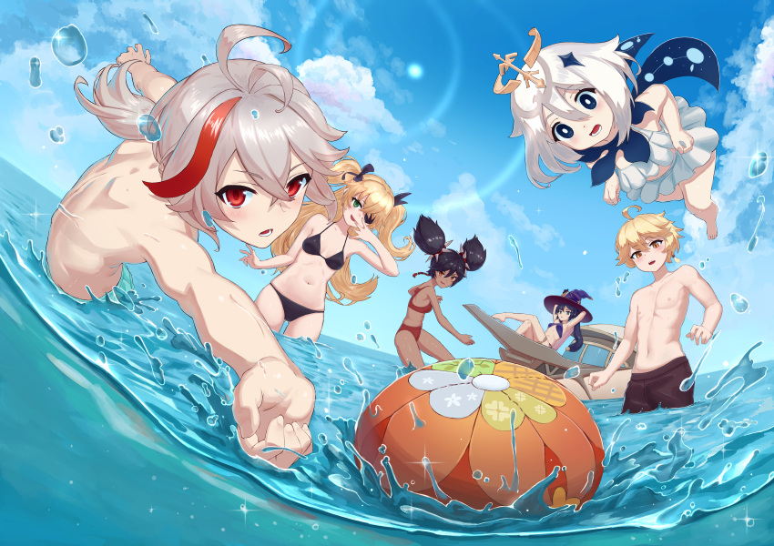 4girls absurdres aether_(genshin_impact) beach bikini black_bikini black_hair blonde_hair blue_eyes blue_hair breasts brown_pants carbon12th dark-skinned_female dark_skin eyepatch fischl_(genshin_impact) genshin_impact green_eyes green_pants grey_hair hair_between_eyes hair_ornament hat highres kaedehara_kazuha long_hair male_swimwear medium_breasts medium_hair mona_(genshin_impact) multicolored_hair multiple_girls nipples ocean open_mouth paimon_(genshin_impact) pants ponytail red_eyes redhead smile splashing swim_trunks swimsuit twintails water white_bikini white_hair witch_hat xinyan_(genshin_impact)