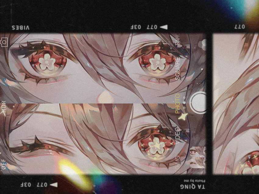 1girl absurdres blinking brown_hair camera eye_focus flower-shaped_pupils genshin_impact hair_between_eyes highres hu_tao_(genshin_impact) lens_flare looking_at_viewer phone_screen solo symbol-shaped_pupils viewfinder zhumojian