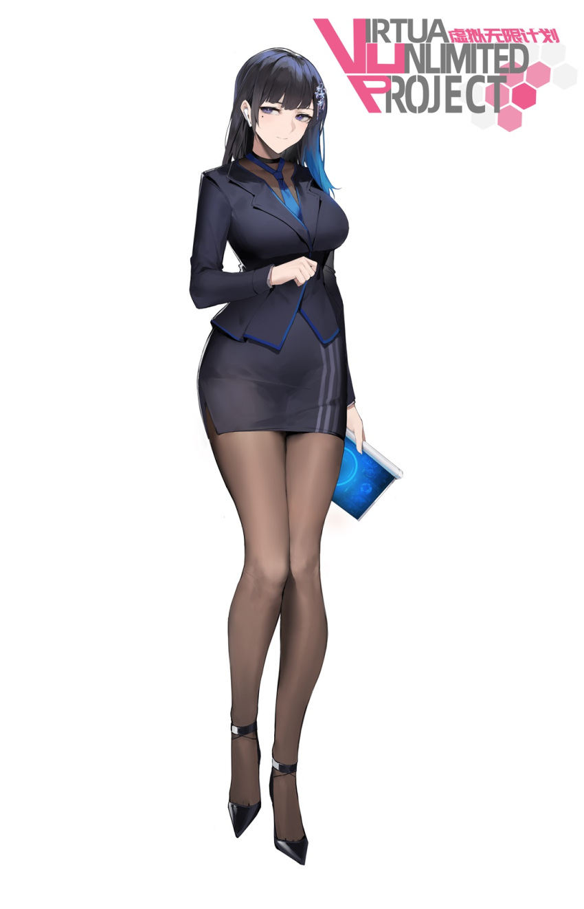 1girl airpods alios_arvin ankle_strap bangs black_footwear black_hair black_pantyhose black_sleeves black_suit blue_hair blue_necktie blunt_bangs breasts closed_mouth copyright_name curled_fingers english_commentary formal full_body high_heels highres holding ji_yi knees_together_feet_apart large_breasts long_hair long_legs long_sleeves looking_away mole mole_under_eye necktie office_lady pantyhose pencil_skirt simple_background skirt solo split_mouth suit thighs violet_eyes virtual_unlimited_project white_background wireless_earphones