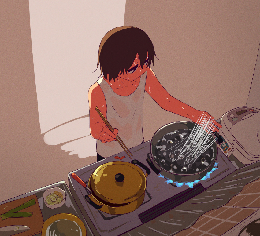 1boy absurdres avogado6 black_hair blue_fire boiling chopsticks commentary cooking cooking_pot cutting_board fire from_above highres holding holding_chopsticks male_focus original rice_cooker shirt short_hair solo stove sweat sweating_profusely t-shirt water wet wet_clothes