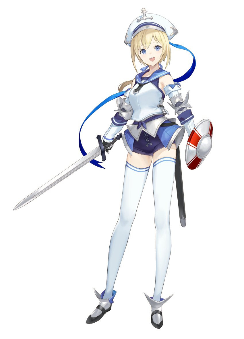 1girl :d absurdres armor blonde_hair blue_eyes breastplate buckler commentary_request contrapposto elbow_gloves faulds full_body gloves hat highres holding holding_shield holding_sword holding_weapon km_yama looking_at_viewer original sailor_collar sailor_hat sheath shield short_hair shorts smile solo standing sword teeth thigh-highs upper_teeth weapon